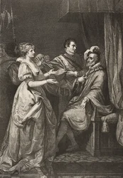 Párizs, a királyi palota, II. felvonás, III. jelenet, a "Minden jó, ha a vége jó" című műből, The Boydell Shakespeare Gallery, 19. század végén jelent meg